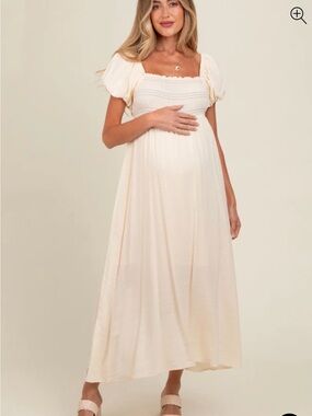 Pinkblush Cream Smocked Puff Sleeve Maternity Maxi Dress